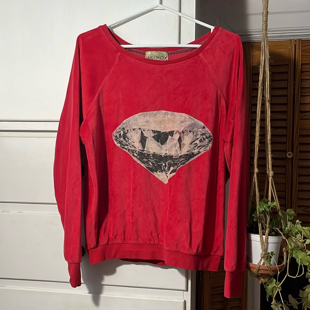 Wildfox diamond red velour oversized crewneck sweater